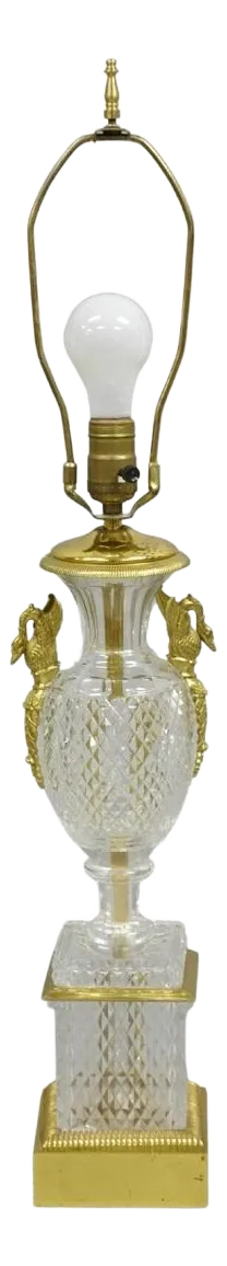 Early 20th Century French Empire Regency Baccarat Style Glass Crystal Urn Table Lamp With Brass Swans