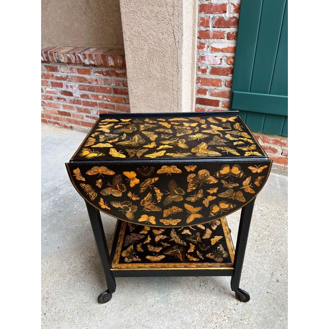 Wood Vintage English Bar Cart Trolley Drop Leaf Chinoiserie Butterfly Lacquer Table For Sale - Image 7 of 18