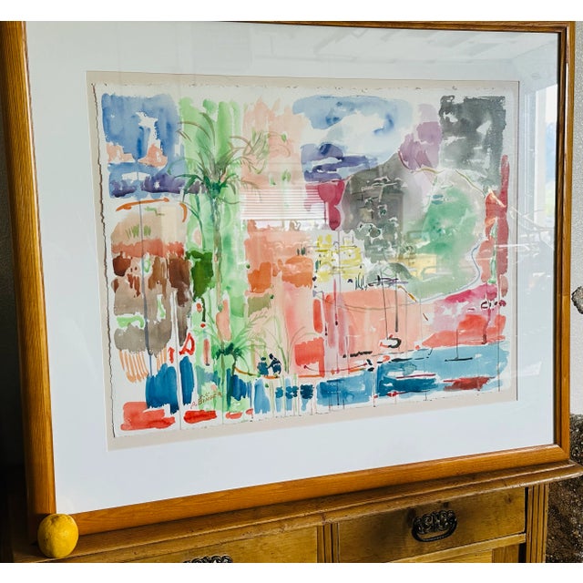 Figurative Large Vintage Watercolor Painting by Avraham Binder, Coastal, Colorful Sea Side Bustling Leisure Harbor For Sale - Image 3 of 8