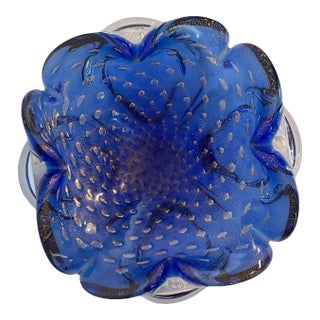 Late 20th Century Blue Bubble Murano Art Glass Bowl For Sale