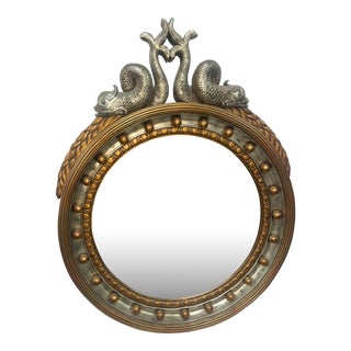 1990s Large Neoclassical Federal Style Gilded Round Wall Mirror With Dolphin Fish For Sale