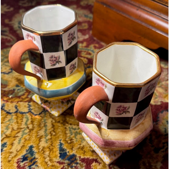 1990s MacKenzie-Childs Courtly Check Pedestal Mug Pair, Hand-Painted Floral, Dated 1994 & 1996 - a Pair For Sale - Image 10 of 10
