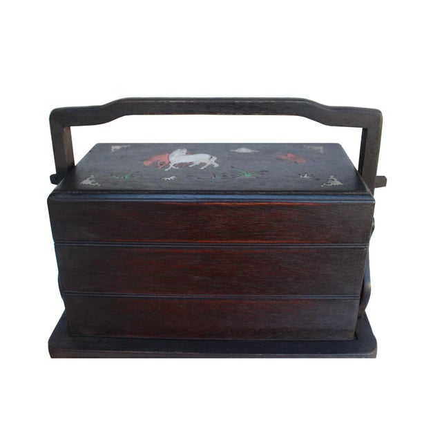 This is an oriental traditional wedding carry box container with a nice natural wood pattern and patina. The top has a...