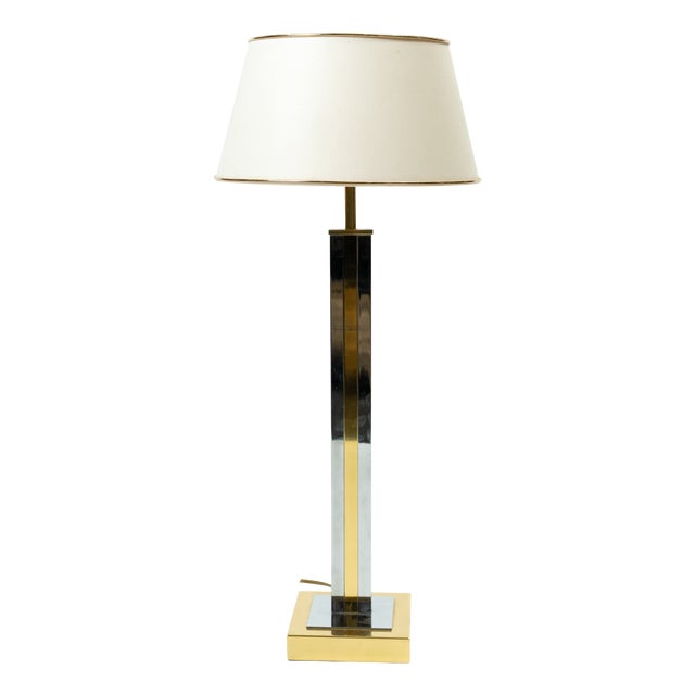 Hollywood Regency Table Lamp in Gold and Chrome with Fabric Shade from Maison Jansen, 1970s For Sale