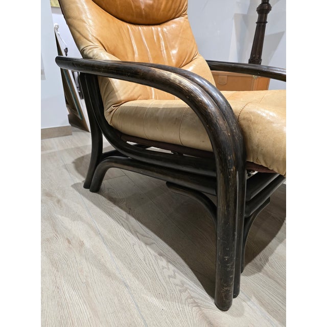 Set of Vintage Camel Leather Lounge Chair and Ottoman with Wooden Frames, 1970s For Sale - Image 3 of 12