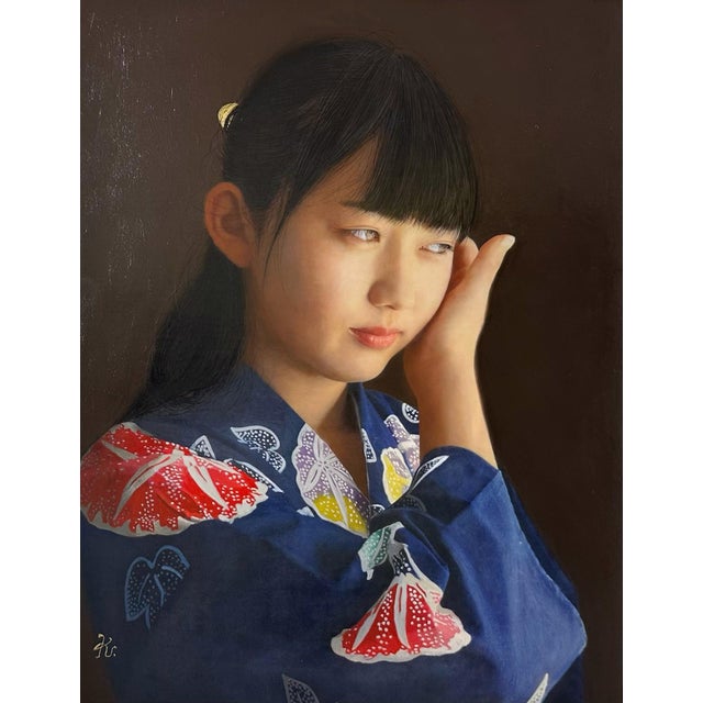 Aika by Kazuya Ushioda | Oil on Panel Portrait of a girl in a traditional kimono. For Sale
