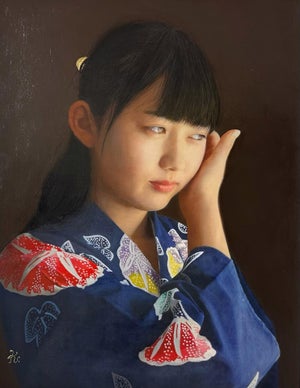 Aika by Kazuya Ushioda | Oil on Panel Portrait of a girl in a traditional kimono.