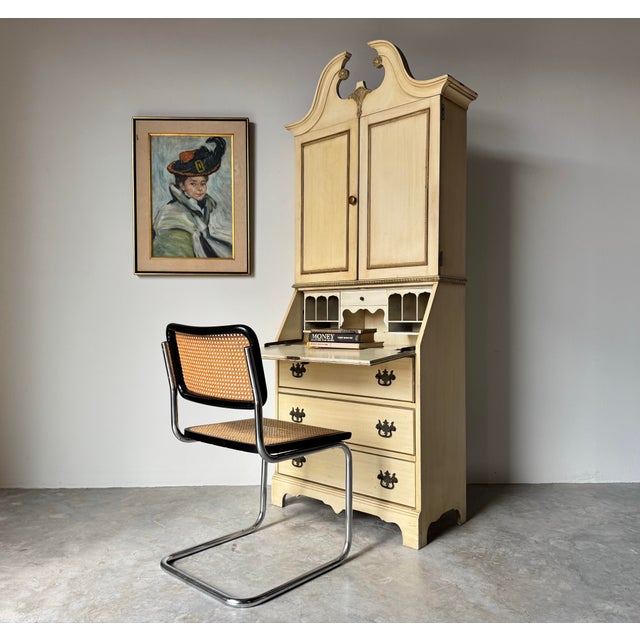 Here is a beautiful Vintage Hollywood Regency - style distressed painted block slant front secretary desk with bookcase...