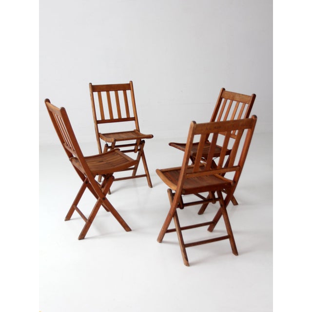 Antique Slat Wood Folding Chairs Set 4 For Sale - Image 13 of 14