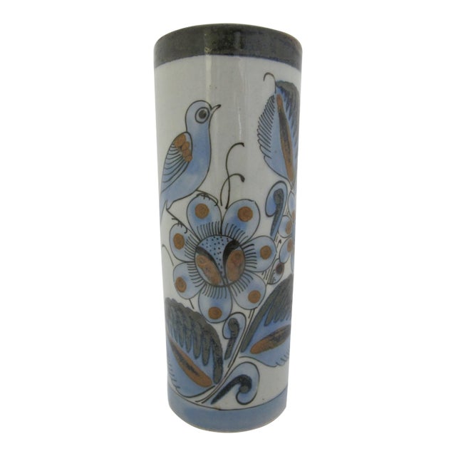Ken Edwards El Palomar Blue Bird & Flower Tonala Mexico Folk Art Pottery 9" Vase For Sale