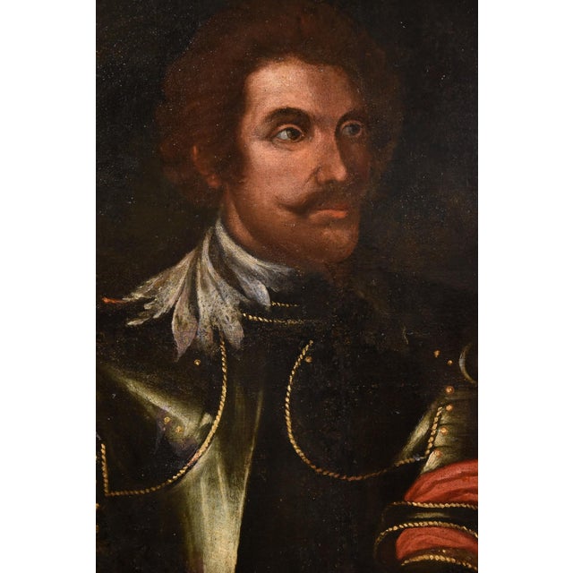 Giovanni Bernardo Carbone (Genoa, 1616 - 1683) workshop Portrait of a gentleman in armour with a battle scene in the...