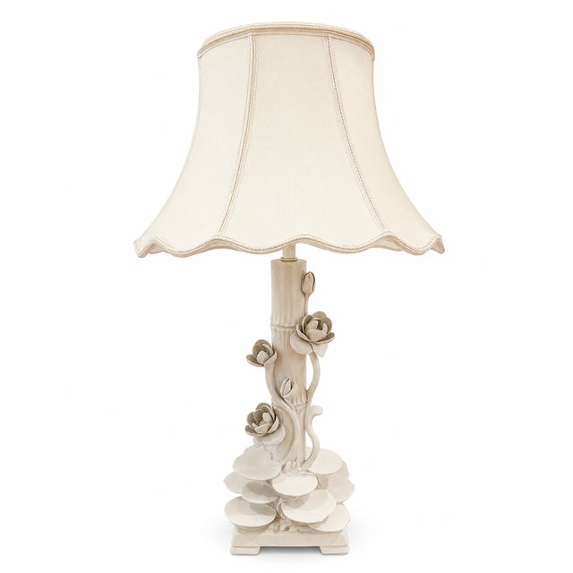 Serge Roche Mid 20th Century Italian Ceramic Faux Bamboo & Lotus Flower Table Lamps - A Pair For Sale - Image 4 of 17