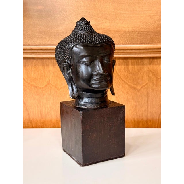 Black Antique U Thong Bronze Buddha Head Thailand For Sale - Image 8 of 10