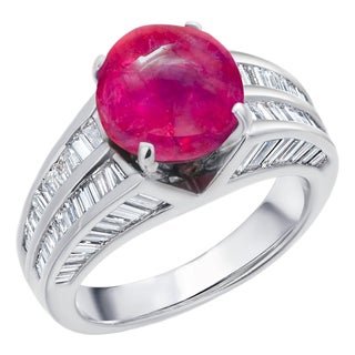 Gia Certified No Indication of Heating Burma Cabochon Ruby Diamond Platinum Ring, Size 5 For Sale