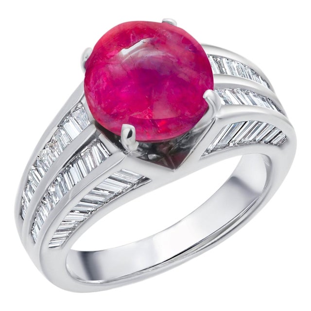 Gia Certified No Indication of Heating Burma Cabochon Ruby Diamond Platinum Ring, Size 5 For Sale