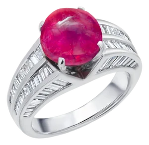 Gia Certified No Indication of Heating Burma Cabochon Ruby Diamond Platinum Ring, Size 5