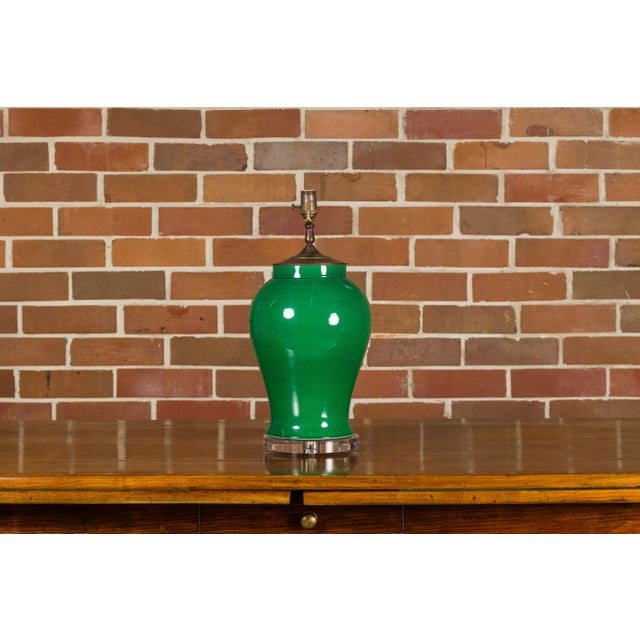 Contemporary Green Porcelain Table Lamp with Discreet Crackle Finish on Lucite Base For Sale In Atlanta - Image 6 of 11