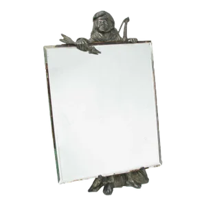 Vintage 1940s Art Deco Beveled Mirror With Bronze Frame Featuring a Man With Bow & Arrow