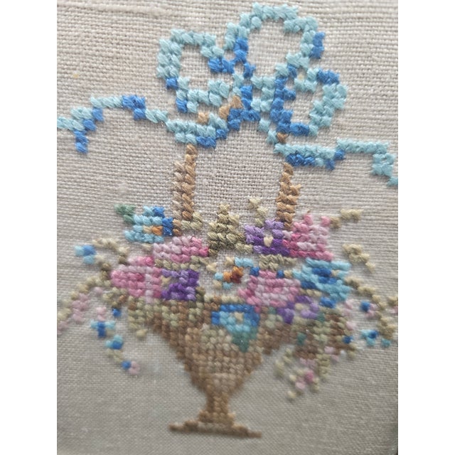 American Antique Framed 1930's Floral Bouquet Embroidered Cross Stitch For Sale - Image 3 of 4