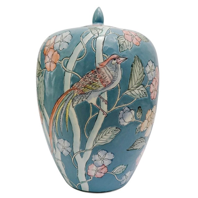 Late 20th Century Large Chinoiserie Blue Ginger Jar With Birds of Paradise & Peonies For Sale - Image 4 of 8