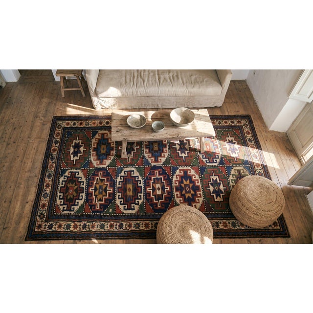 Textile 1890s Multicolor Tribal Grid Caucasian Kazak Moghan Rug 4'6" X 7' Handknotted Wool Carpet For Sale - Image 7 of 9