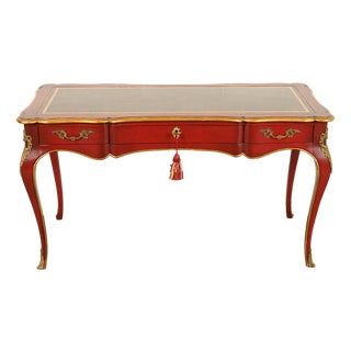 John Widdicomb French Louis XV Red Lacquered Leather Top Bureau Plat Desk With Mounted Bronze Ormolu For Sale