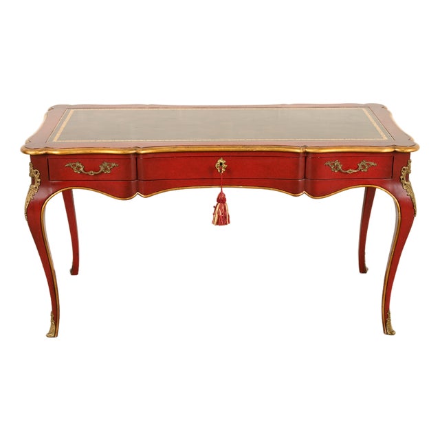 John Widdicomb French Louis XV Red Lacquered Leather Top Bureau Plat Desk With Mounted Bronze Ormolu For Sale