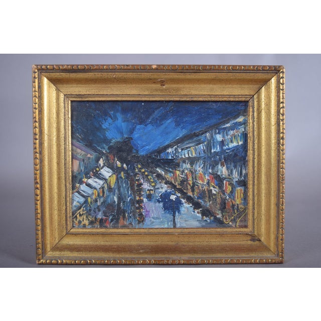A vivid and atmospheric oil painting depicting a lively evening street scene, rendered in an expressive, impressionistic...