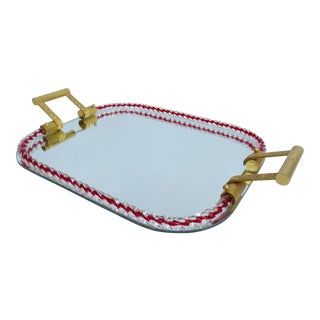 Vintage C.1940's-1950's Italian Arcole Barovier' Large Rope-Braided Murano Mirrored Display/Bar Tray With Brass & Gilt Gold Handles For Sale