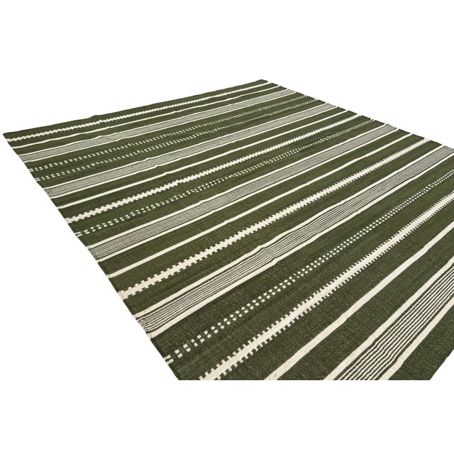 Handmade Woolen Flat Weave Rug, Olive Green and White Striped Wool Rug - 8'x10' For Sale - Image 10 of 13