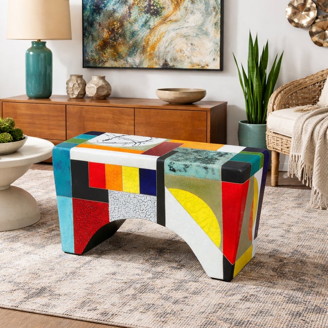 Contemporary "Time Alone" by Michael Gustavson, Raku Ceramic Functional Bench Sculpture, Navy Teal Red & Orange Glaze, Contemporary California Art, Vibrant Colors For Sale - Image 3 of 9