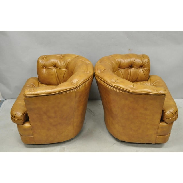 Vintage Classic Leather Chesterfield Brown Tufted Leather Barrel Club Chair Pair For Sale - Image 13 of 14