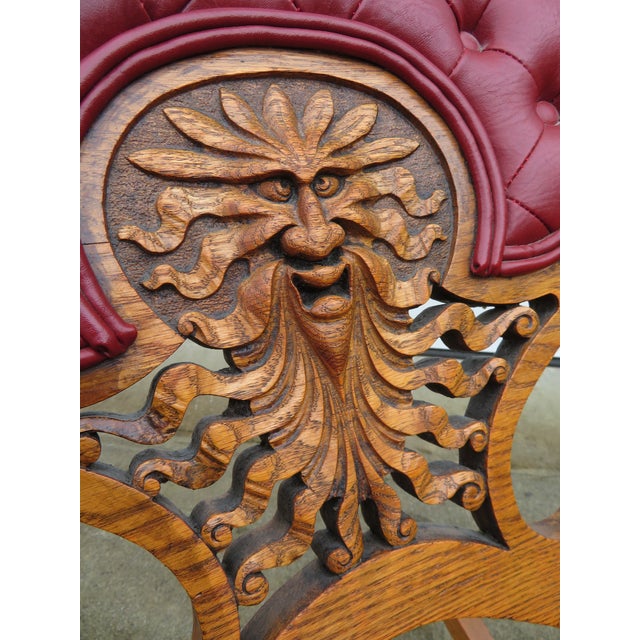 Antique Carved Oak Green Man Rocking Chair in Red Tufted Leather ~ Northwind Face For Sale In Seattle - Image 6 of 17