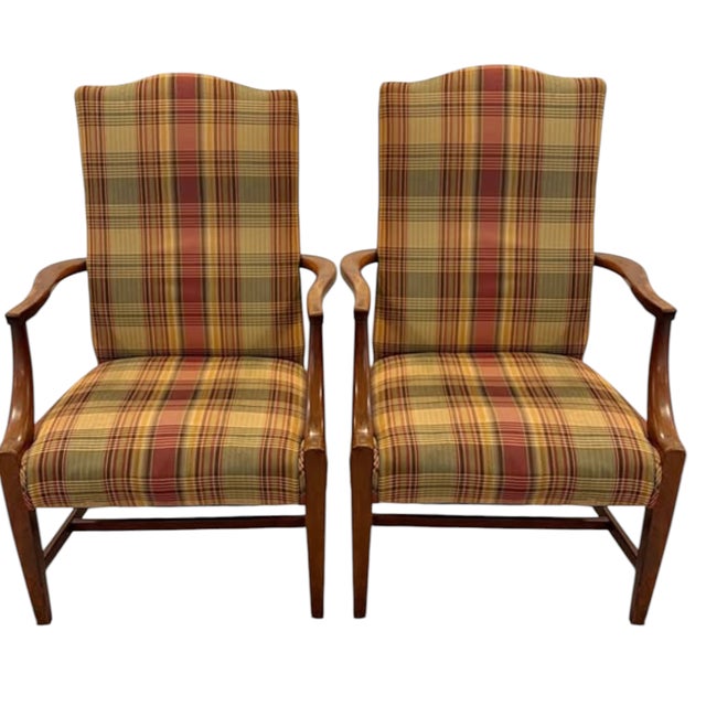 Discover a Stunning Rare Vintage Pair of High-Back Armchairs & Ottoman by Ethan Allen For Sale - Image 11 of 12