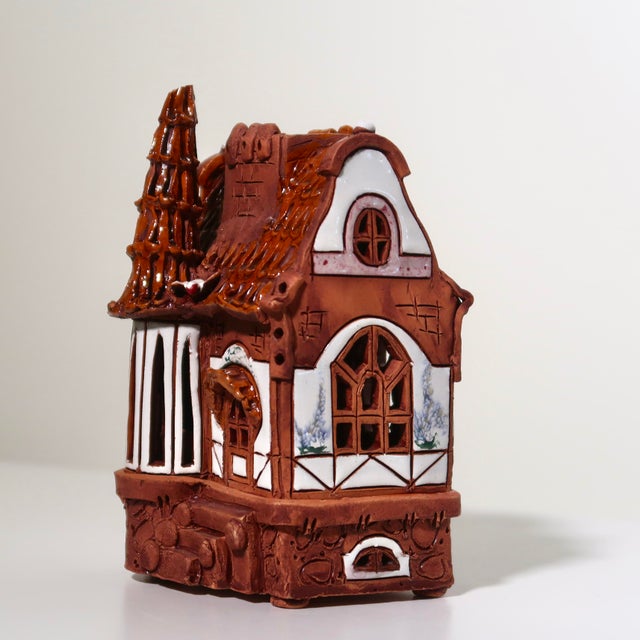 Rustic Handmade Vintage Fairytale Style Ceramic Cottage Sculpture With Hand-Painted Accents For Sale - Image 3 of 15