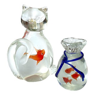 Vintage Italian Murano Style Art Glass Cat With Goldfish in Stomach and Bag of Gold Fish Set of Two For Sale