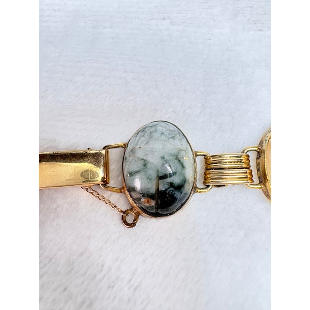 1950s Mid‑Century Carved Semi-Precious Gemstone Scarab Bracelet • 12k Gf Clasp • Egyptian Revival For Sale - Image 5 of 13