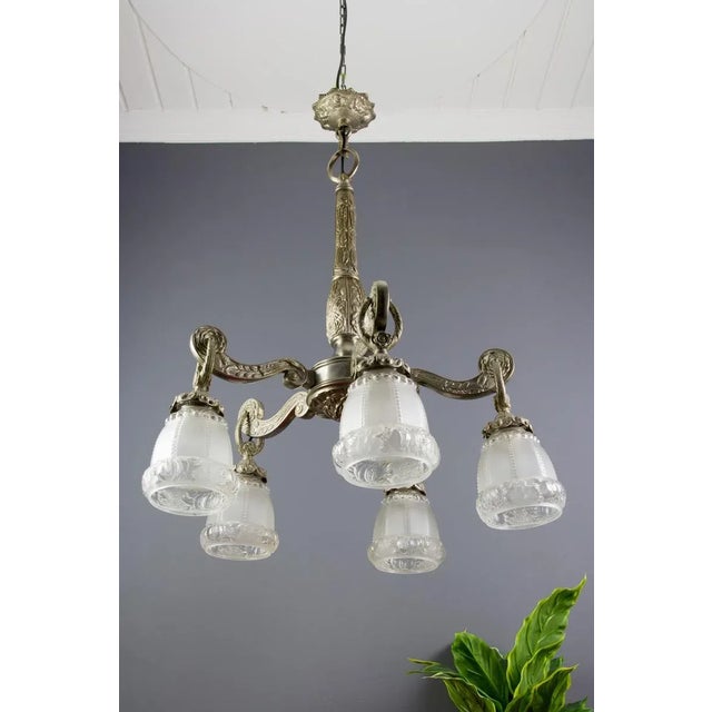 Art Deco Style Bronze and Frosted Glass Floral Chandelier, 1930s For Sale - Image 16 of 18