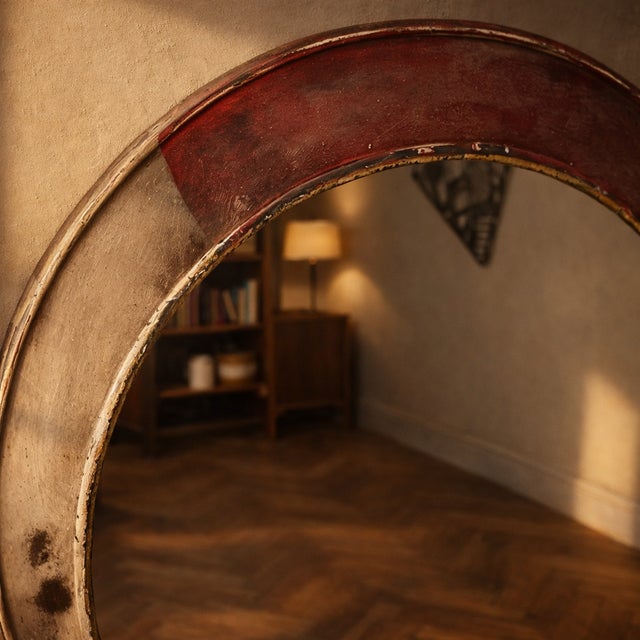 Vintage Industrial Round Mirror with Metal Frame For Sale - Image 3 of 15