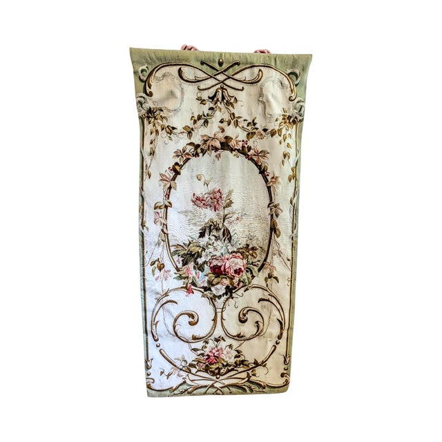 Textile Aubusson Embroidered Tapestry on Vintage Brass Pole With Neoclassical Floral Medallion Motif For Sale - Image 7 of 11