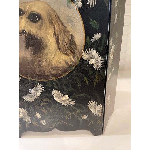 Late 19th Century Victorian Paper Mache Tri-Fold Screen With a Painting of a Dog Surrounded by Flowers For Sale - Image 4 of 9