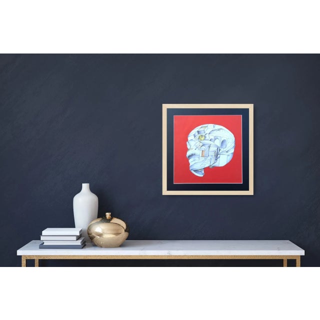 'Vanity Skull' - Original Italian Surrealist Drawing, Circa 1990. Pencils on paper, on red background. Measurements with...