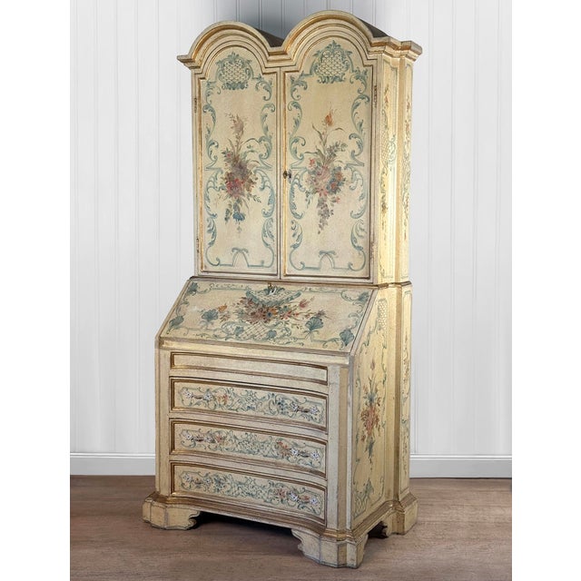 Mid 20th Century Vintage Italian Venetian Hand Painted Secretary Desk W/ Bookcase Top For Sale - Image 5 of 17