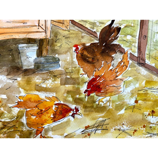 Apricot Original Watercolor Painting “Holly’s Chicken Yard” For Sale - Image 8 of 9