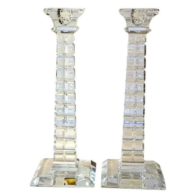 Art Deco Mikasa Colosseum Lead Crystal Candlesticks Pair 10" Geometric Slovenia For Sale - Image 3 of 4
