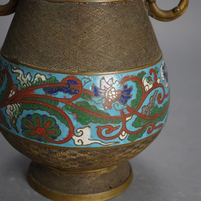 Early 20th Century Antique Chinese Bronze Cloisonne Enameled Double Handled Vase, Circa 1910 For Sale - Image 5 of 8