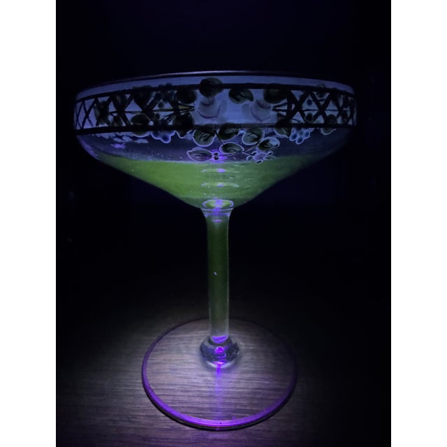 Moser Hand-Enameled Bohemian Uranium Art Glass Set: Coupe Stem & Rose Bowl Vase For Sale - Image 17 of 18