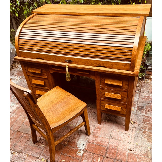 Mid-Century Solid Oak Roll-Top Arts and Crafts Desk and Chair With Lock & Key For Sale - Image 11 of 14