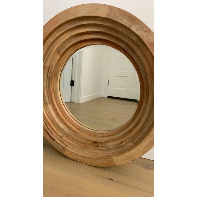 Large circular statement beveled mirror in a telescoping/tiered washed white oak frame. Perfect vintage piece for your...