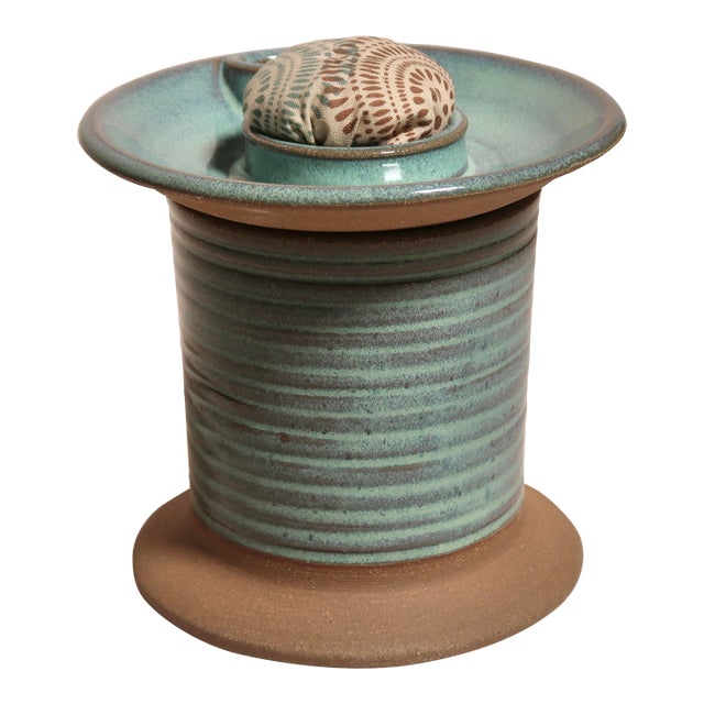 Mid Century Modern Handmade Studio Pottery Turquoise Glaze Pin Cushion Ceramic Sewing Vessel For Sale